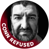 Black-and-white portrait of Cafer Şimşek inside a dark red ring that reads “CONN REFUSED”.